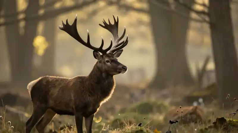 A red deer silhouette stands in a lush New Zealand forest during golden hour