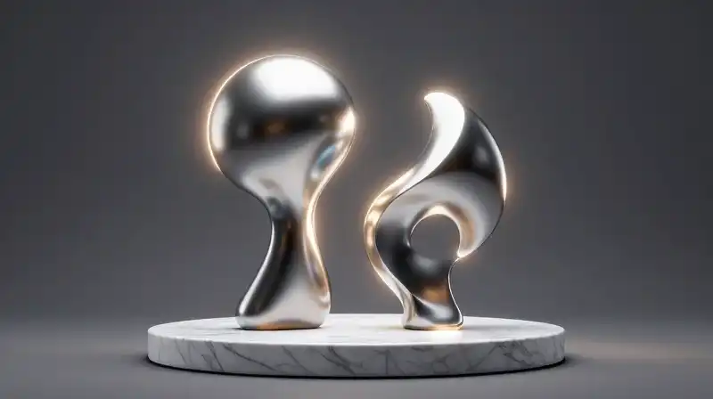 Two sleek, glowing metallic forms rest on a minimalist marble podium