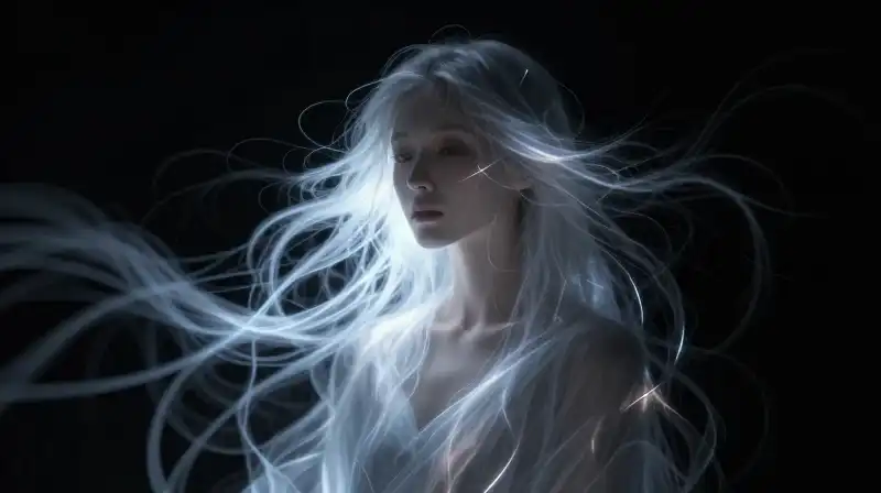 Surreal woman surrounded by pulsating light ribbons against a dark void