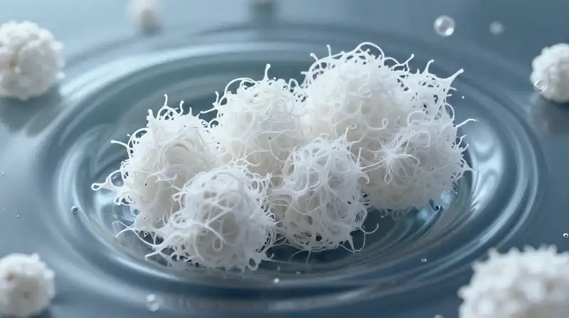 Delicate white fibers swirl and dissolve within clear water