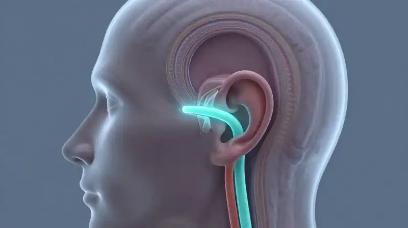 A detailed, glowing cyan cross-section of an internal human ear