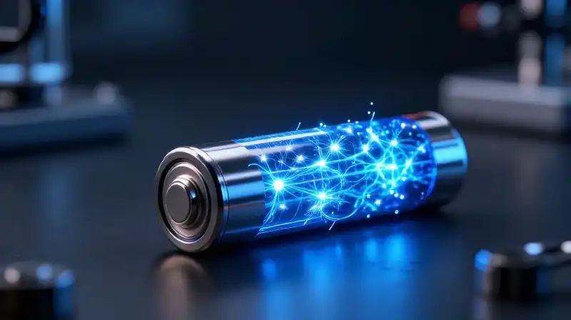 A sleek, intensely glowing metallic battery sparks against a dark laboratory backdrop