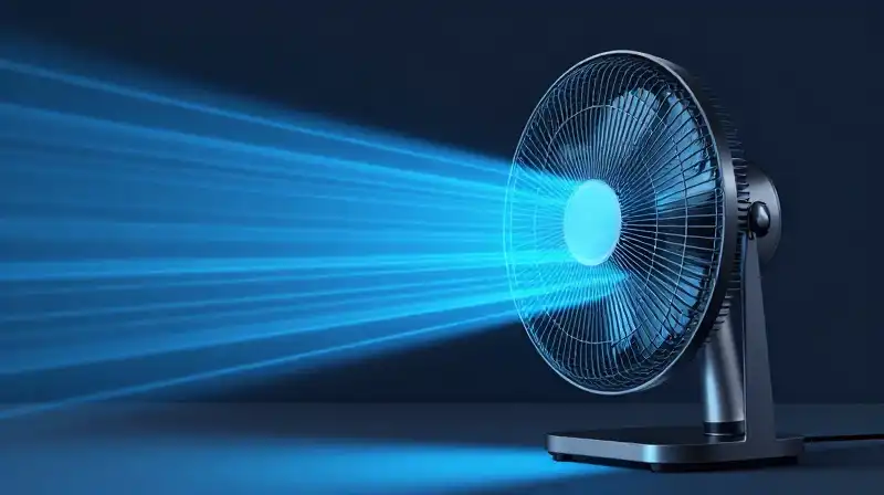 Sleek modern fan flows vibrant cyan air through minimalist space