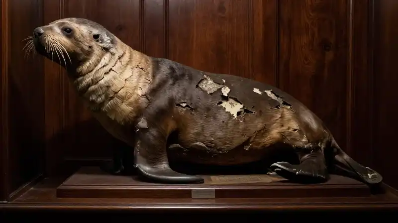 Aged walrus taxidermy hangs in a dimly lit mahogany museum