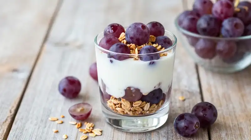 Vibrant layered yogurt parfait rests on a rustic wooden table under soft light