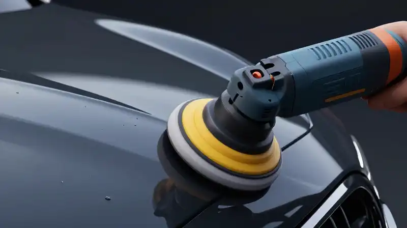 Detailed car paint gleams under intense dual-action buffing
