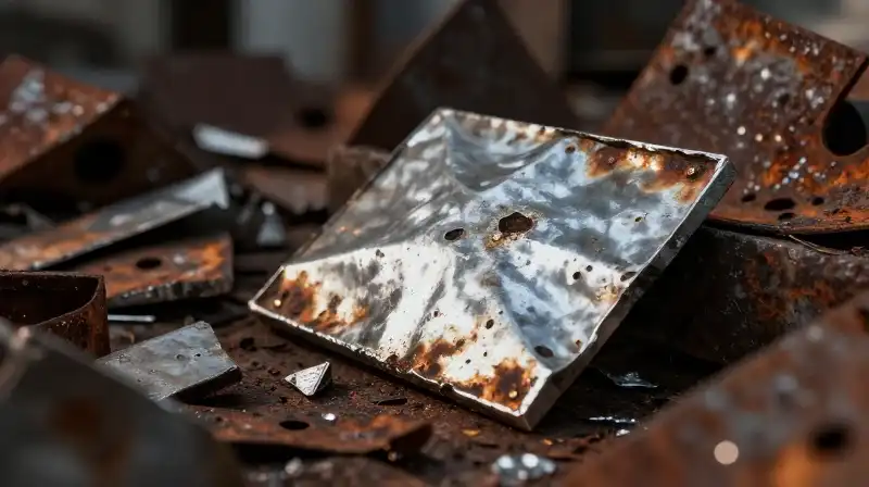 Detailed corrosion on scrap metal under dramatic, gritty industrial light