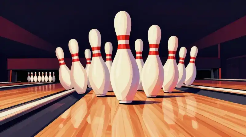 Vibrant pins dominate a polished wooden bowling lane under dramatic light