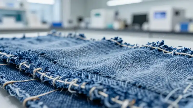 Woven recycled denim fibers merge into smooth textile in a bright laboratory