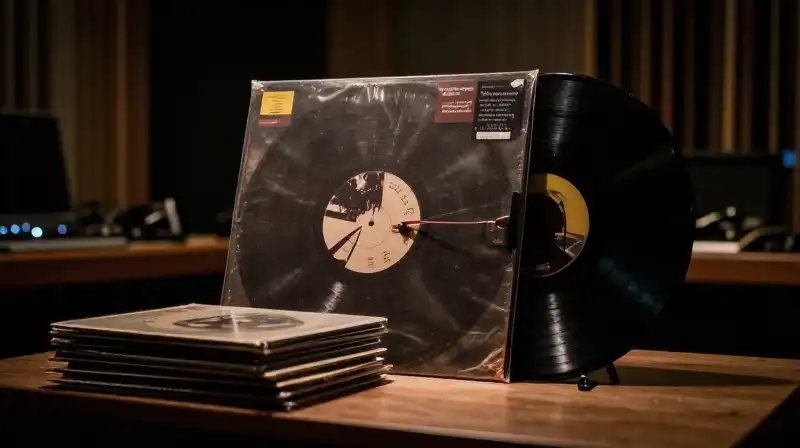 Giant vinyl records tower dramatically within a shadowy vintage recording booth