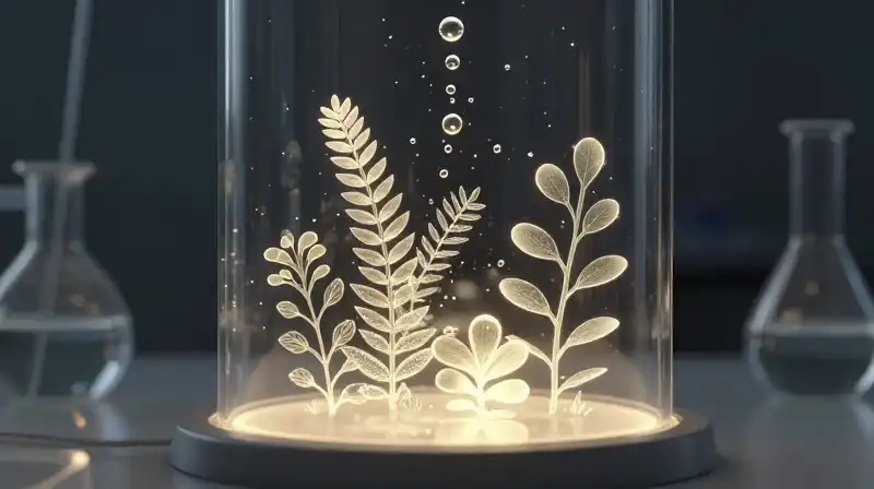 Glowing botanical sprigs float in a minimalist, softly lit laboratory