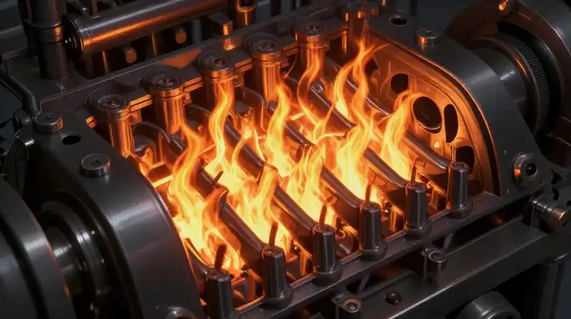 Intense, glowing energy meets dense dark fluid in a detailed mechanical chamber