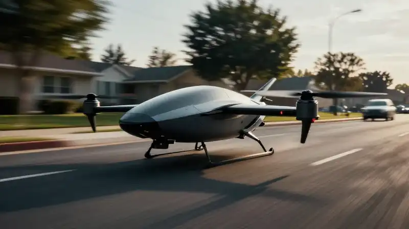 A sleek drone chases a blurred car down a suburban street