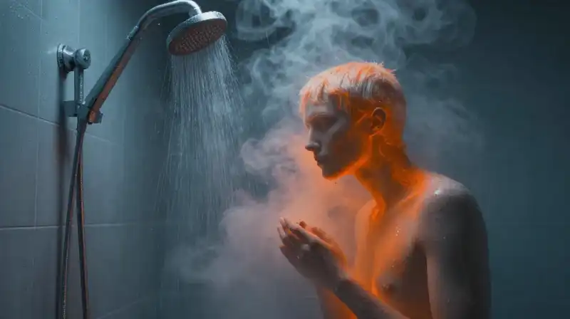 Pale figure stands amid dramatic orange and blue steam