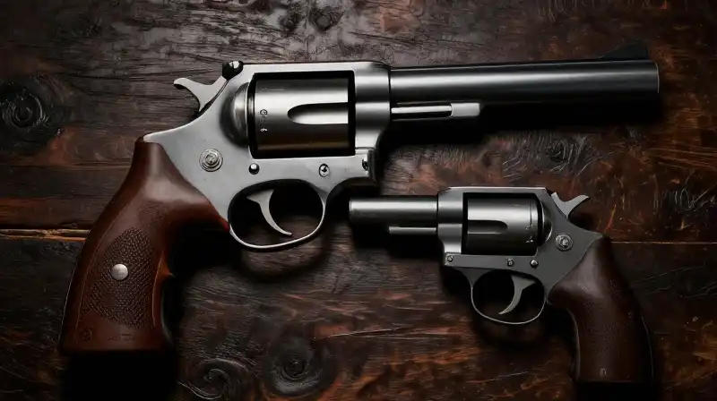 Two detailed revolvers rest on dark antique wood under dramatic light