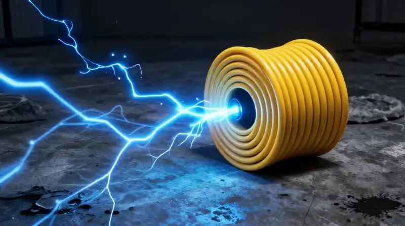 Yellow coil sparks blue electricity on dark, charred concrete