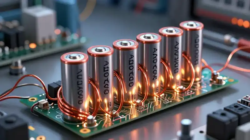 Precision wiring connects polished silver batteries on a glowing workbench