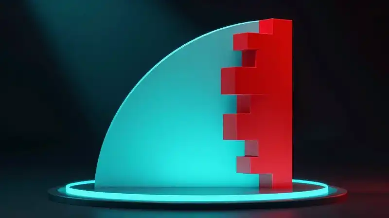 Neon cyan and red geometric shapes rest on a dramatic glowing pedestal