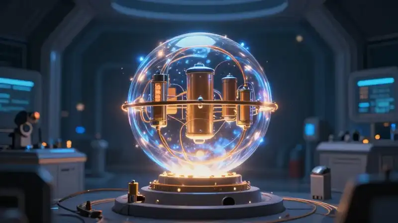 Glowing energy orb illuminates a complex, high-tech futuristic laboratory