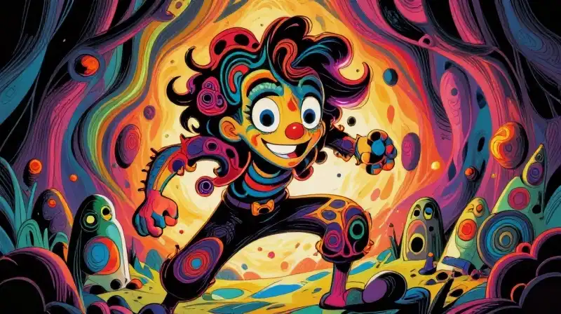 A whimsical character moves through a dramatically lit, swirling wonderland