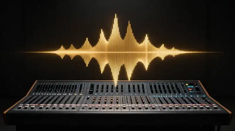 Golden sound waves float dramatically above the mixing console