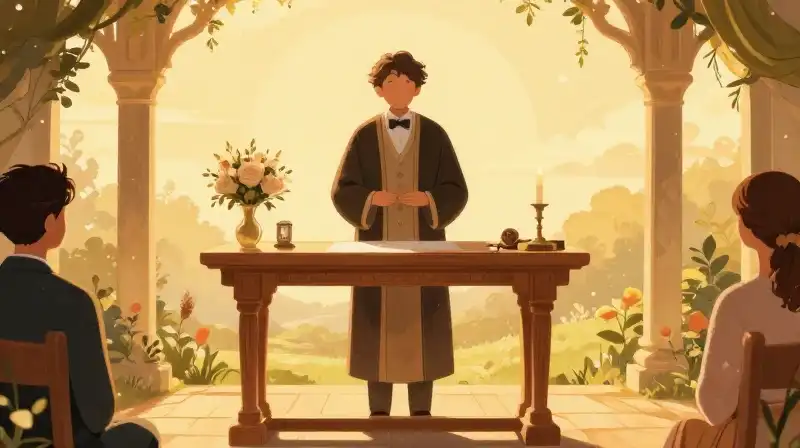 An officiant performs a sacred ceremony bathed in warm, golden light