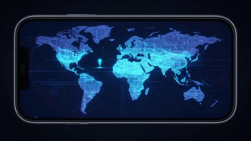 Neon data streams surround a smartphone in a dark, cinematic environment
