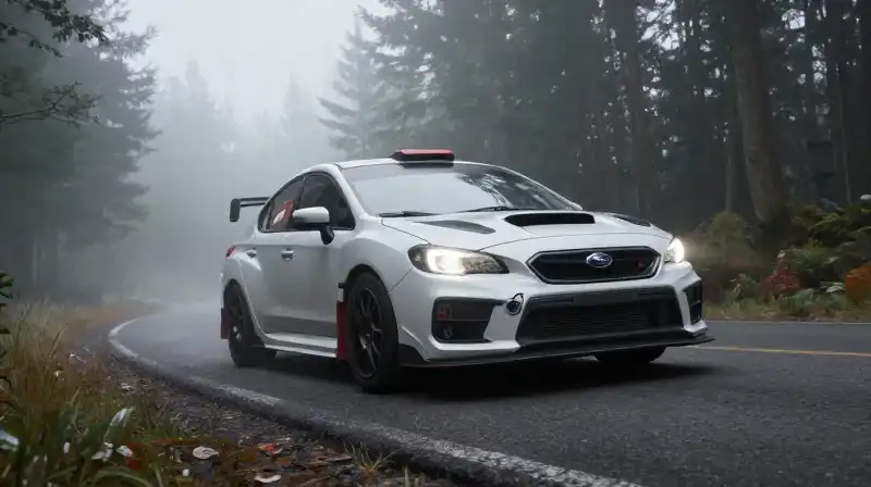 A Subaru WRX speeds through a misty, forested road