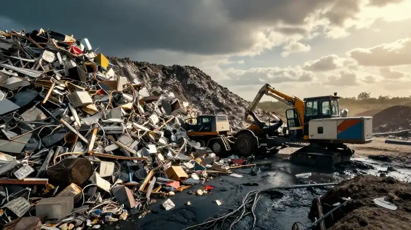 A massive, polluted industrial refuse mound sits under dramatic sunlight