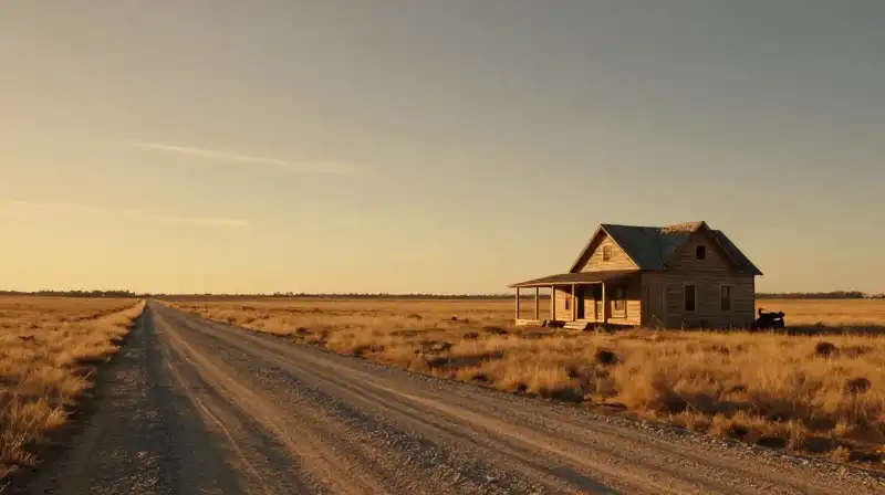 Golden hour illuminates a rustic Texan ranch in vast arid landscape