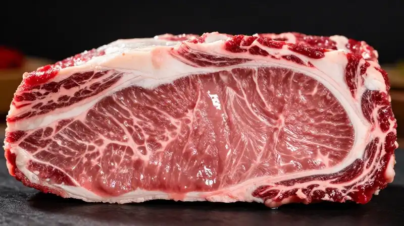 Vivid pink beef cross-section glistening with dramatic red streaks