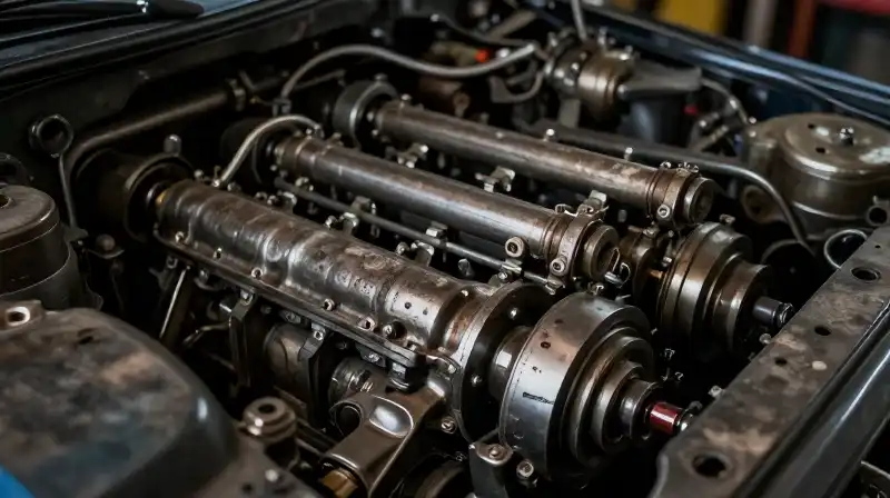 A weathered engine shows detailed, worn parts in dramatic dim light