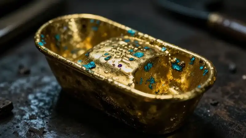 Verdigris-stained gold rests in a moody, dramatic workshop